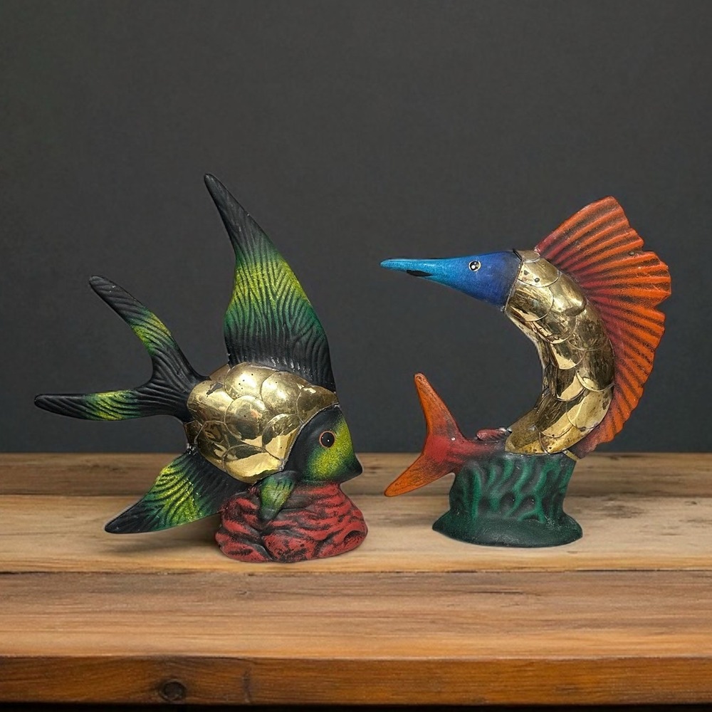Art‎ Pottery Fish Statue Brass Scales Hand Painted SET OF 2 Angelfish Swordfish
